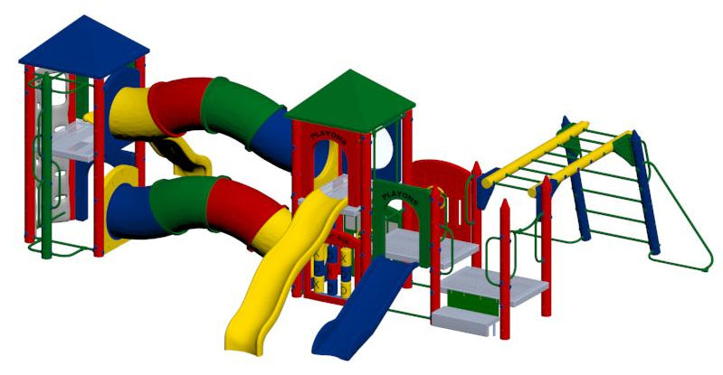 Colorful outdoor playground with multiple slides, climbing towers, monkey bars, tunnels, and activity panels made of recycled plastic.