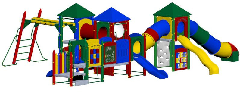 Colorful multi-level playground with slides, crawl tunnels, climbing wall, activity panels, and swings for children.