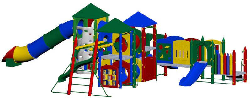 Colorful multi-level children's playground with slides, tunnels, climbing walls, and interactive activity panels.
