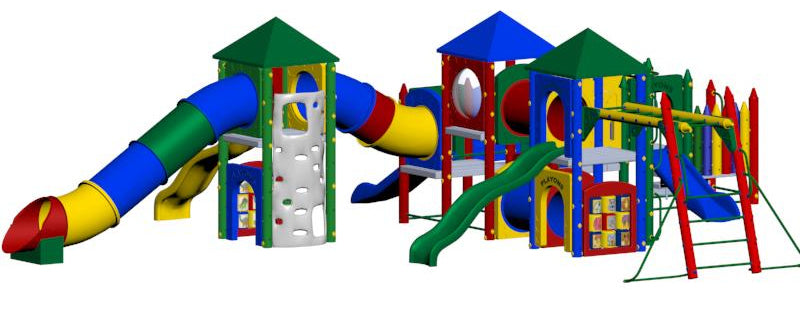 Colorful multi-level playground with slides, tube tunnels, climbing walls, activity panels, and swings for children.