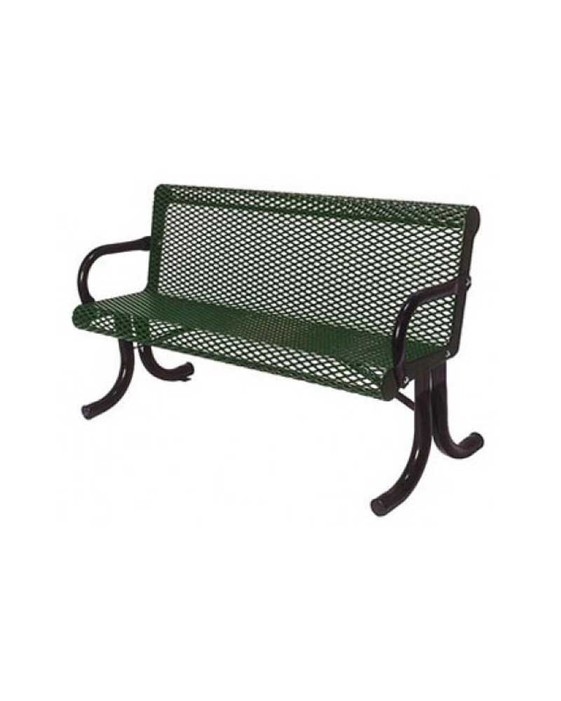 Green metal park bench with mesh seat and back, black curved armrests and legs, durable outdoor seating