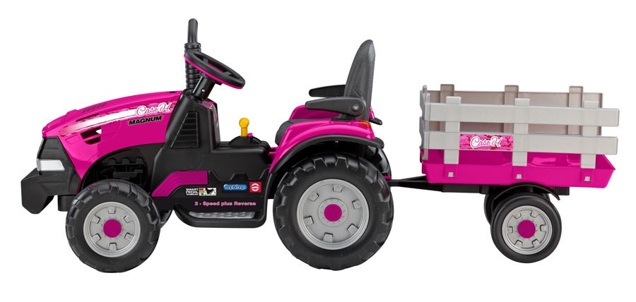 Pink ride-on tractor with large detachable stake-side trailer, adjustable seat with armrests, and realistic farm wheels