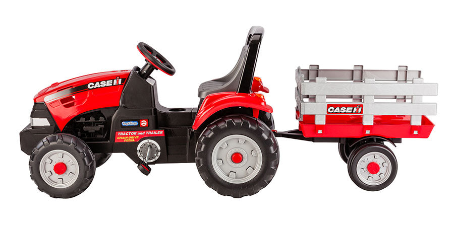 Red pedal ride-on tractor with large wheels and detachable stake-side trailer for outdoor play and exercise