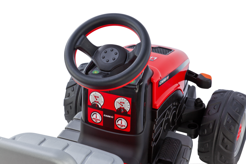 Red and black children's ride-on tractor steering wheel with dashboard featuring gauge decals and control buttons