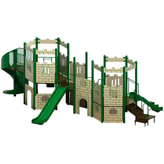 Castle-style modular playground with green towers, spiral and straight slides, platforms, and climber for outdoor play