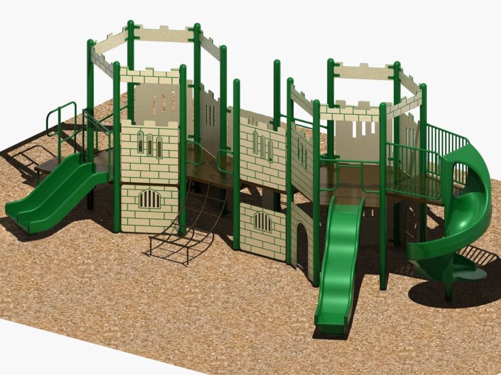 Castle-themed outdoor modular play system with towers, green spiral, double and straight slides, chain net climber on mulch