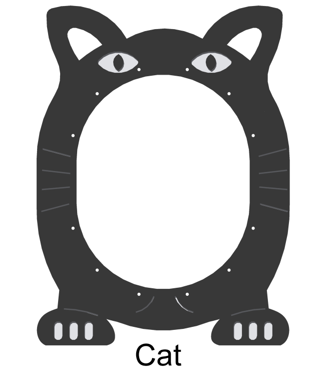 Black cat-shaped climbing tunnel entrance with cutouts for eyes, ears, whiskers, and paws on playground equipment