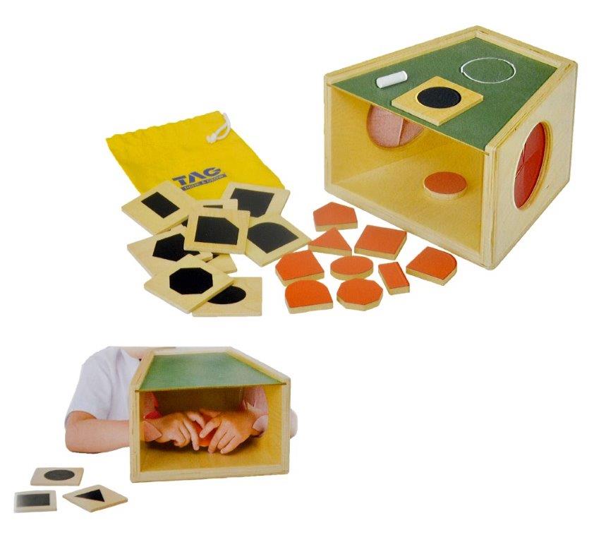 Wooden sensory box with cutout shapes, solid wood tactile pieces, and matching shape tiles for hands-on learning and shape recognition.