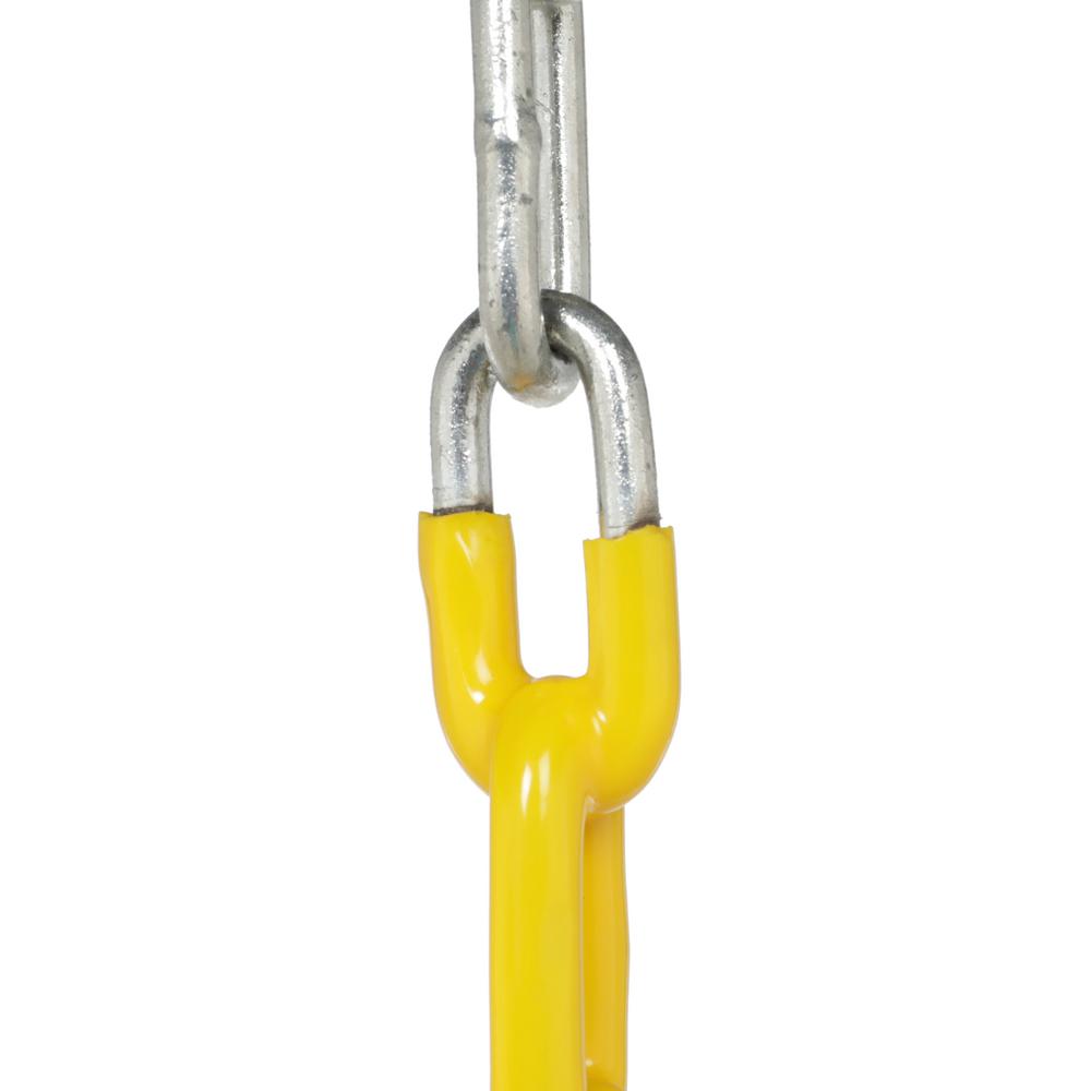 Close-up of metal chain link connected to yellow plastic-coated trapeze swing handle with textured grip
