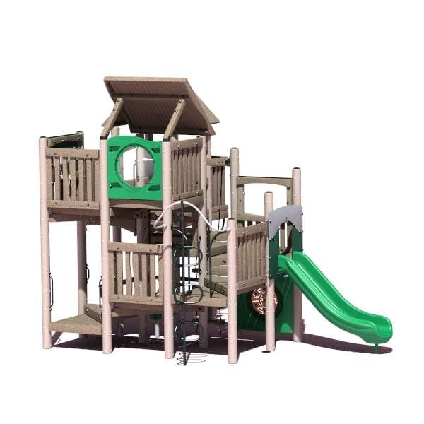 Multi-level outdoor play structure with green solo chute slide, multiple climbers, playpod pedestals, and shaded platform