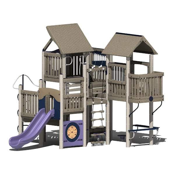 Multi-level recycled plastic and metal play structure with two roofed platforms, multiple climbers, playpod pedestals, and a purple solo chute slide.