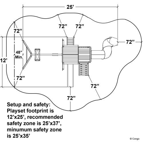 Overhead view of wooden playset with two slides, swings, trapeze, rock wall, upper and lower forts, and play accessories
