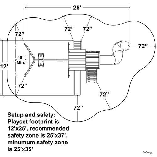 Overhead view of wooden playset with two slides, rock climbing wall, belt swing, two-person glider, trapeze bar, and upper fort with play accessories