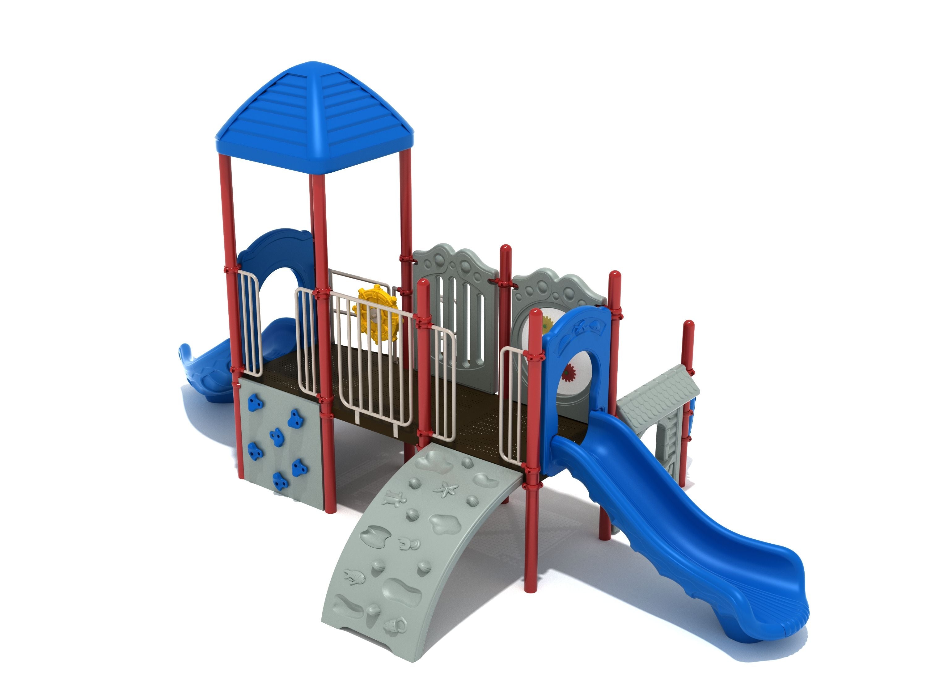 Commercial playground with curved and straight slides, rock wall, sea creature climber, ship's wheel, shaded roof