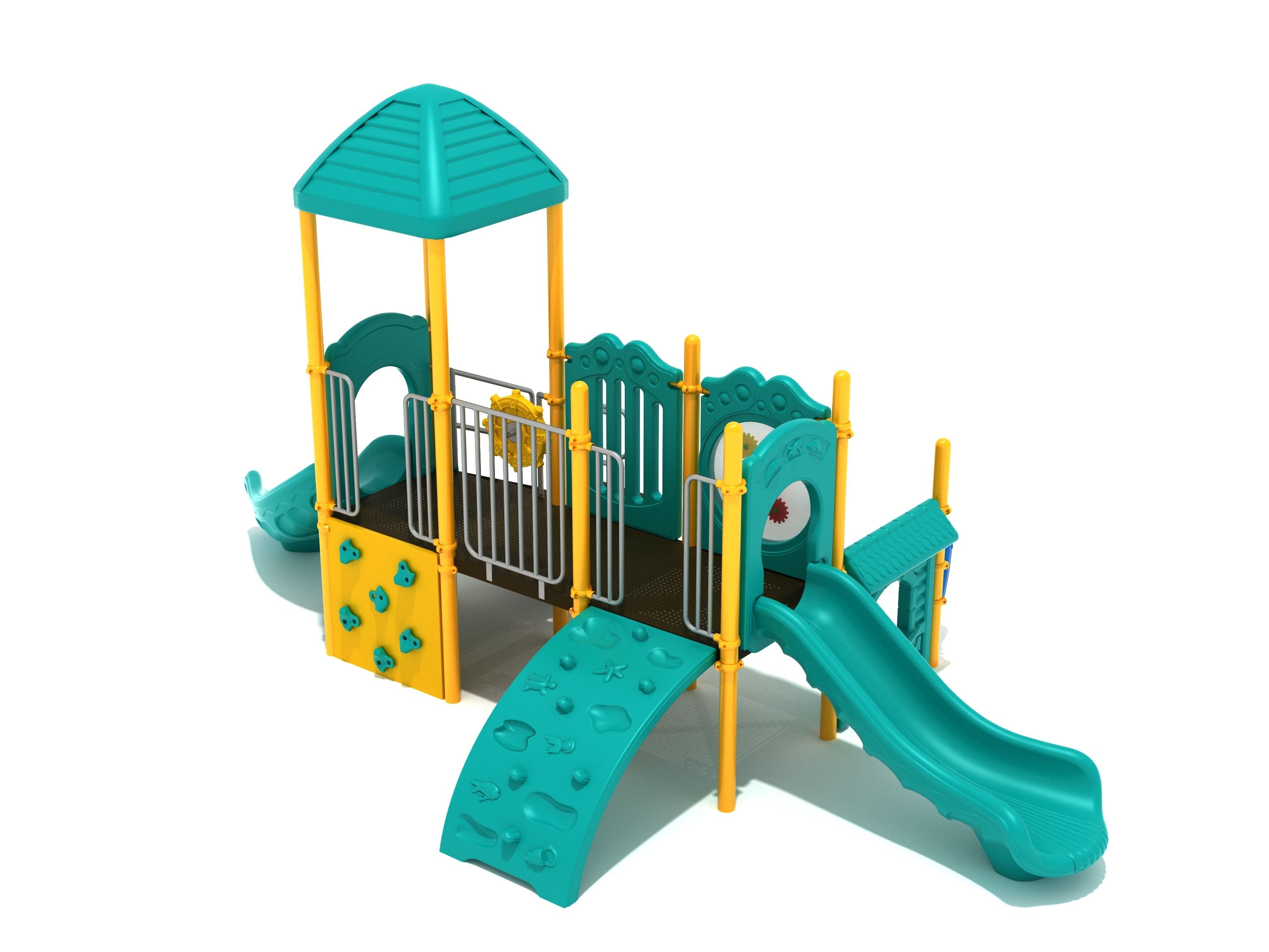 Teal and yellow playground with roof, straight and right-turn slides, rock wall, sea-creature climber, and gear panel