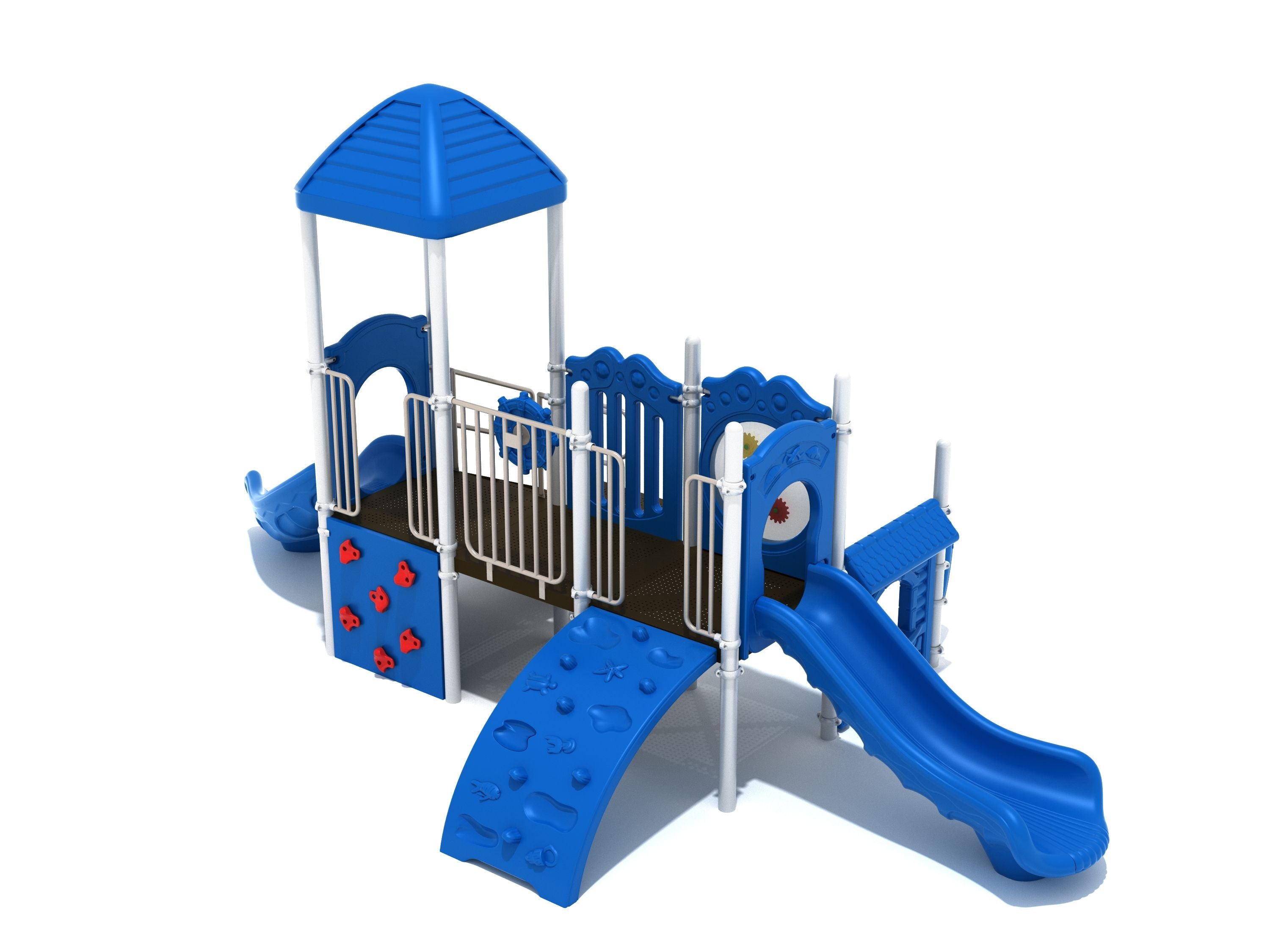 Chapel Hill Playground with blue roof, dual slides, climbing walls, gear panel, ship's wheel, and inclusive play features