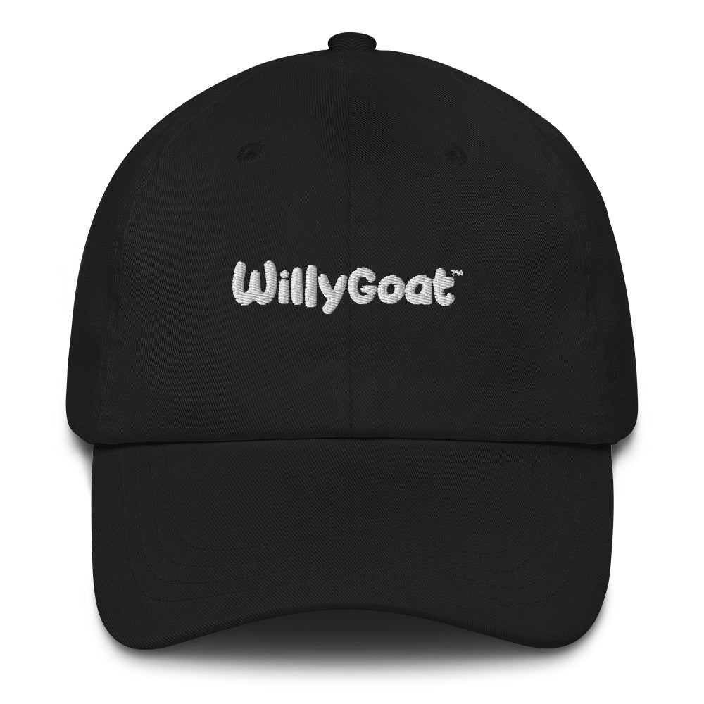 Black chino cotton twill dad hat with low-profile unstructured design, embroidered eyelets, and adjustable strap with antique buckle.