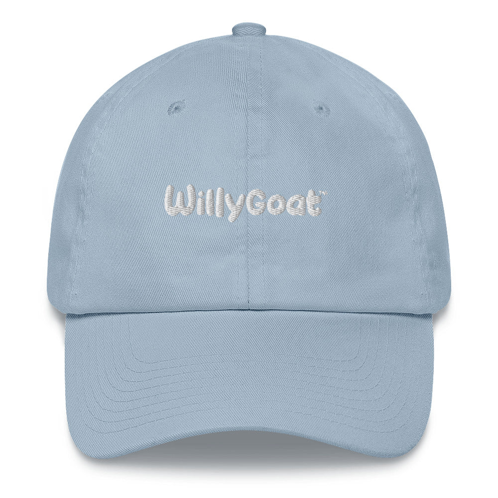 Light blue unstructured cotton twill ballcap with embroidered logo, six-panel low-profile design, and adjustable strap with antique buckle