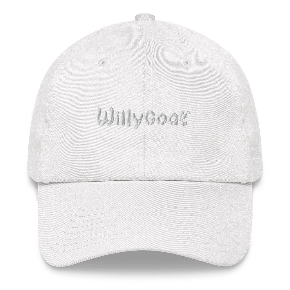 White unstructured low-profile dad hat in chino cotton twill with embroidered logo, six eyelets, and adjustable strap with antique buckle