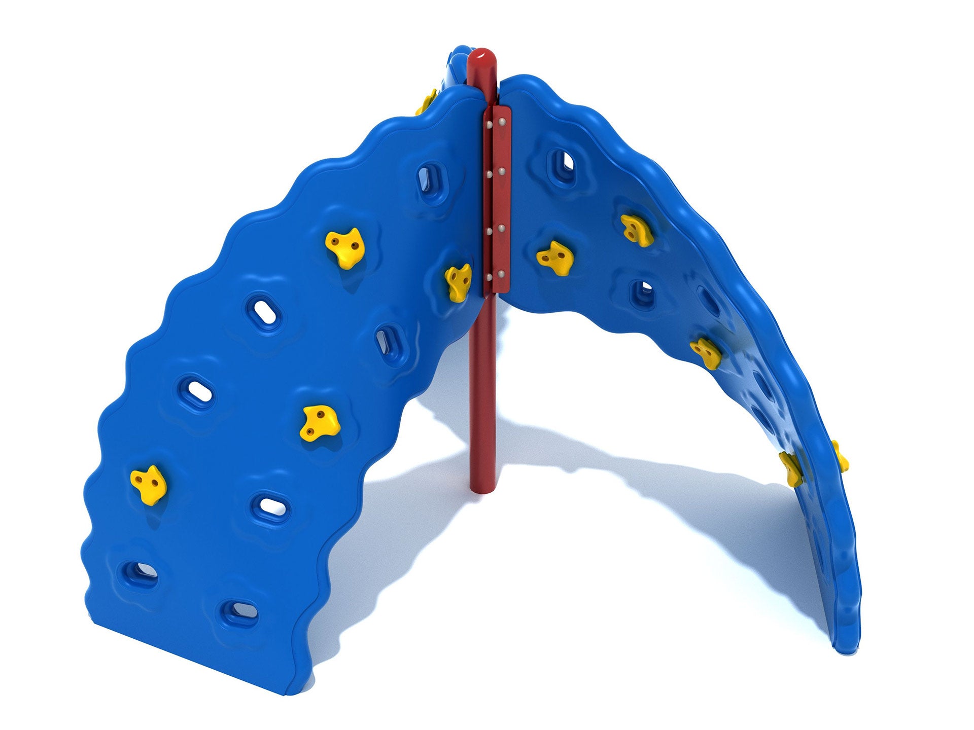 Cyclone Challenger Climber with three curved blue climbing panels and yellow handholds on a red support pole