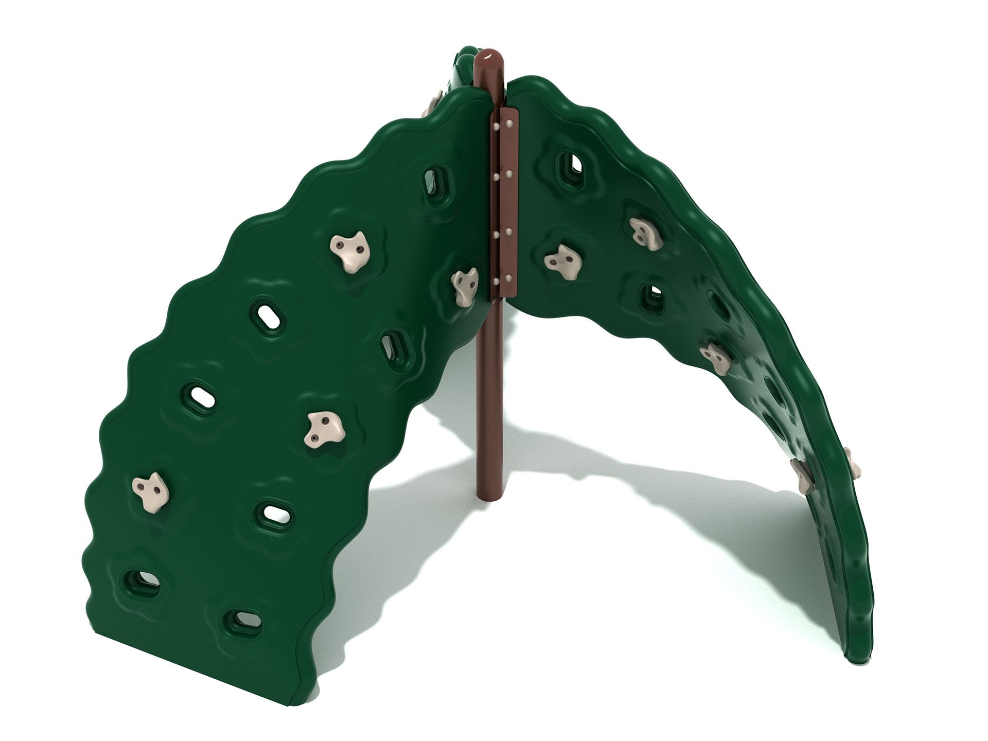 Green curved playground climbing panels with beige handholds forming a three-sided climbing structure for active play