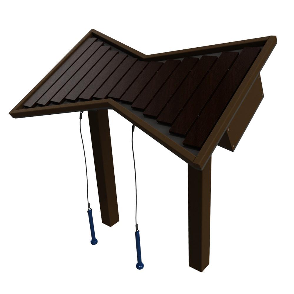 Dark brown outdoor tenor marimba with wide coated keys on a freestanding recycled plastic frame and two blue mallets