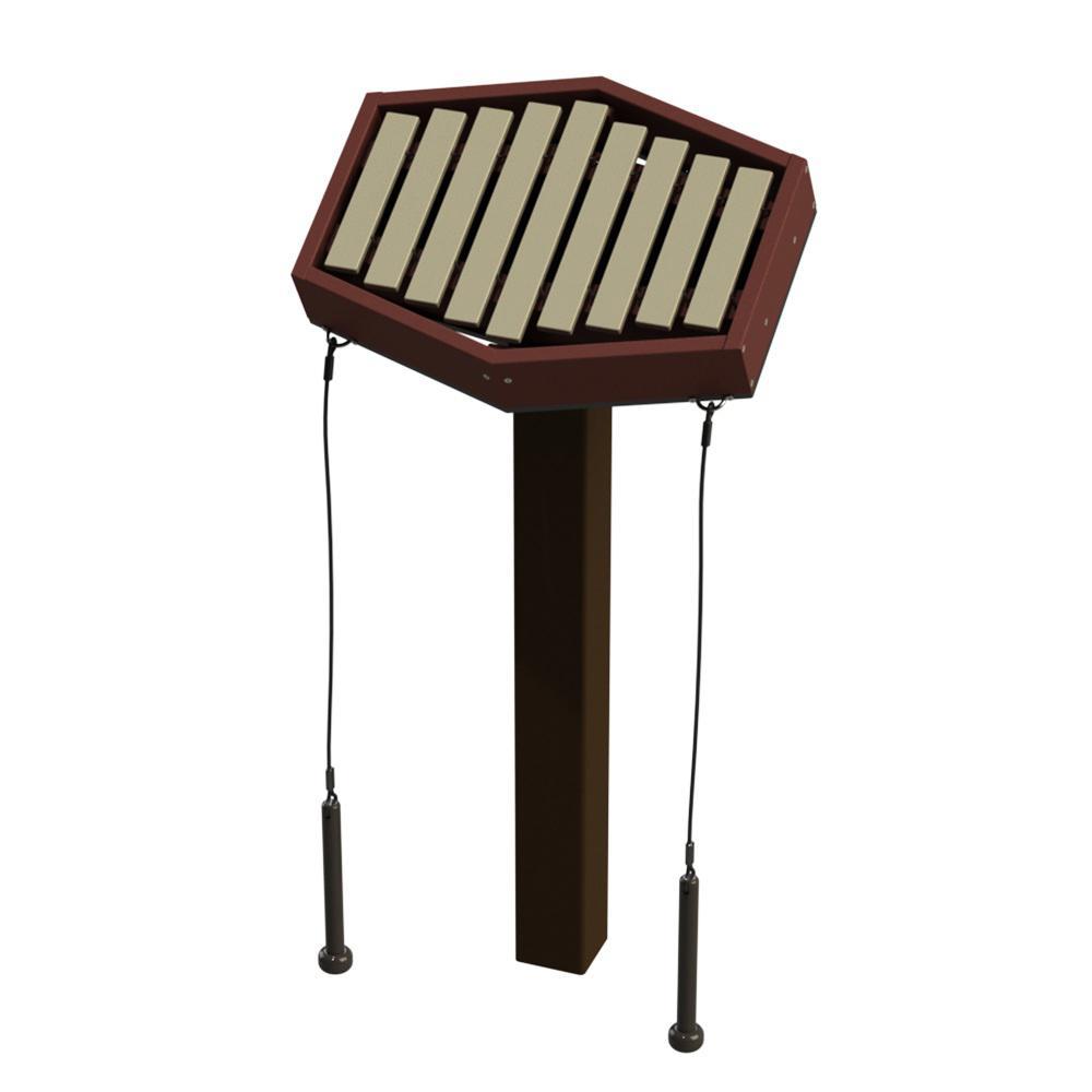 Cherry wood outdoor musical instrument with metal bars and two hanging mallets on a single post, angled top view