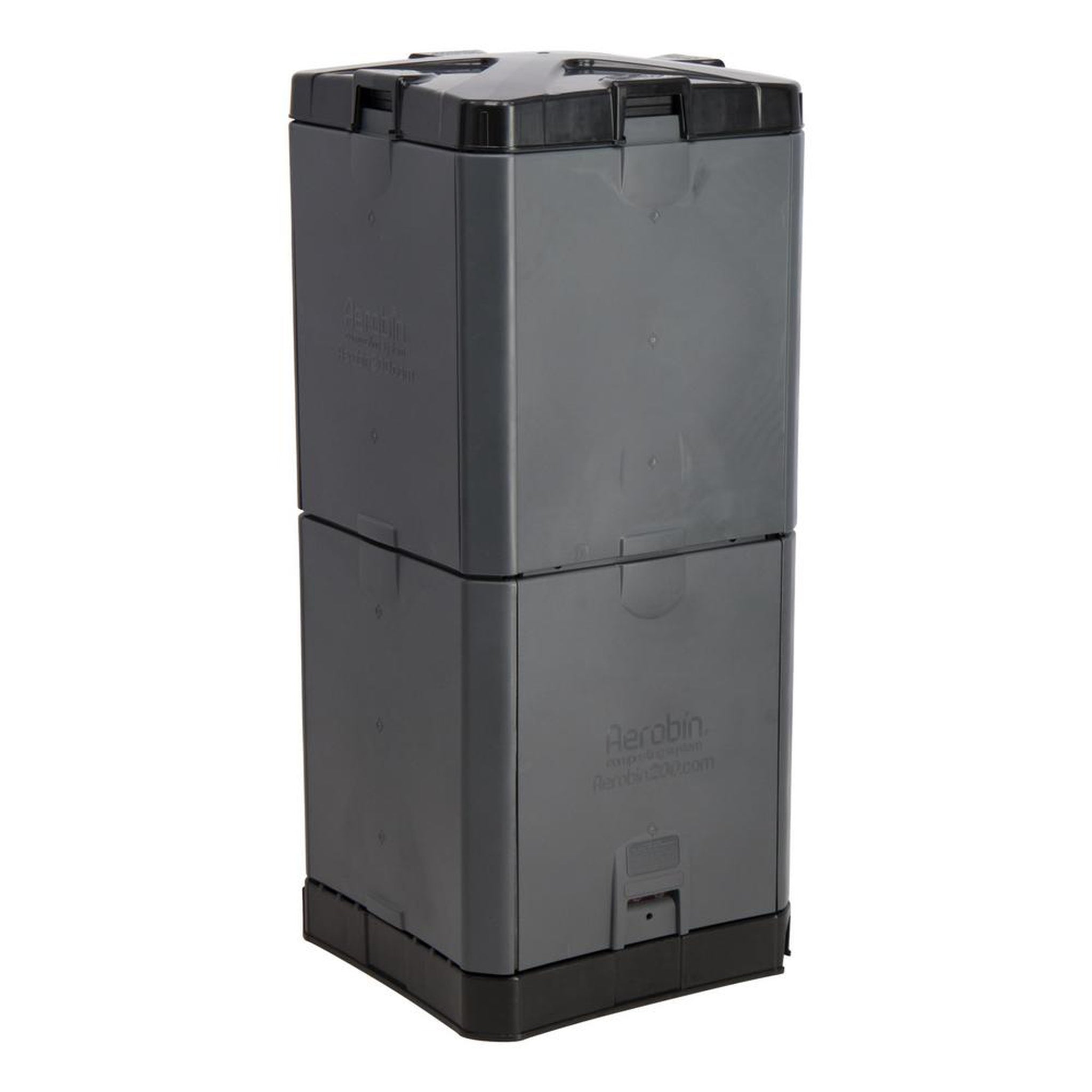 Tall grey insulated compost bin with double-wall design and side access doors for easy compost removal