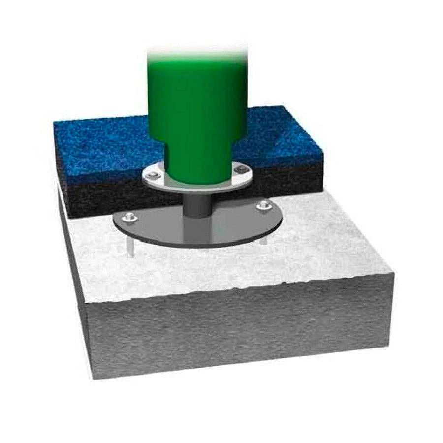 Green playground post anchored by metal plate and bolts on layered rubber and concrete base for secure mounting system