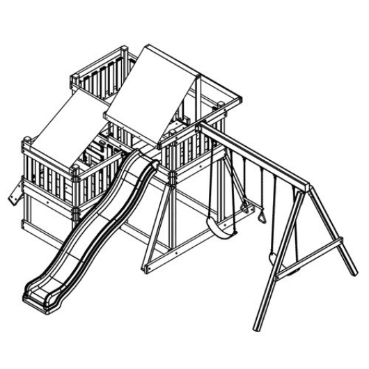 Wooden children's playset with two roofed forts, wave slide, rock climbing wall, ladder, trapeze bar, and two swings