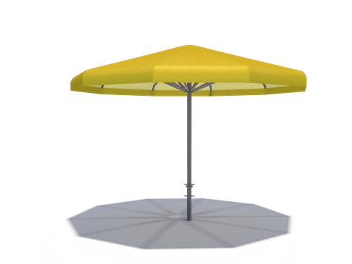 Yellow single-post umbrella shade with metal frame casting an octagonal shadow, designed for water and theme parks.