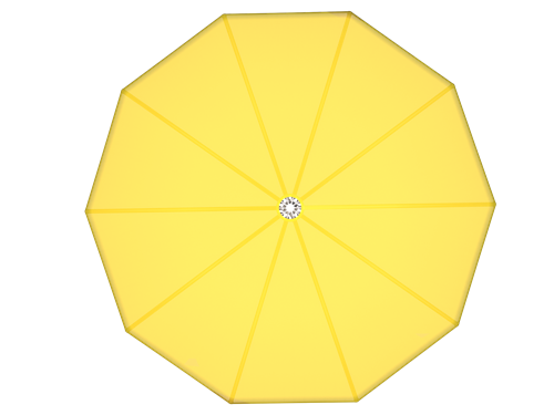 Overhead view of a yellow single-post umbrella shade with segmented canopy panels designed for outdoor water and pool areas