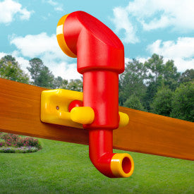 Bright red and yellow children's periscope with clear lenses mounted on wooden playset railing outdoors