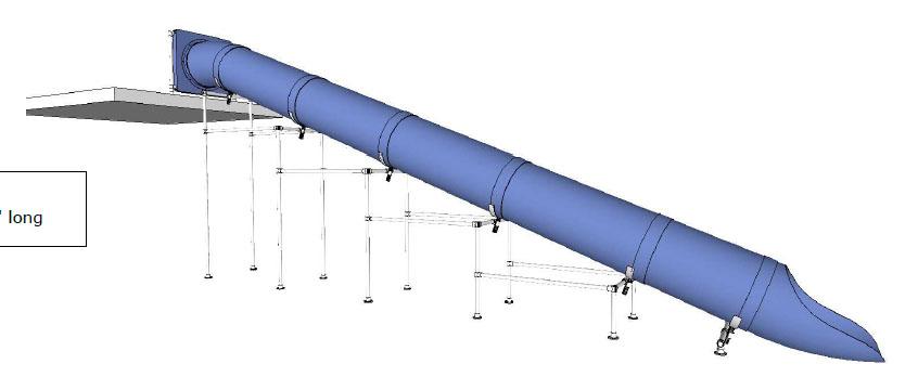 Blue commercial water slide with support structure and mounting platform, angled side view, designed for custom installation.