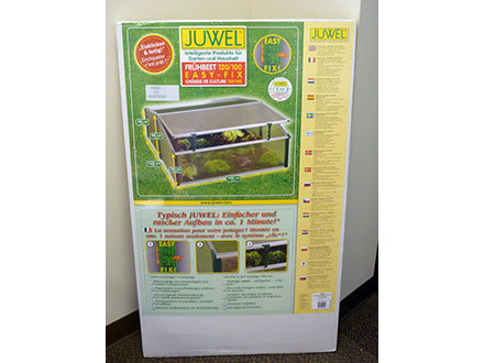 Compact double cold frame greenhouse with clear polycarbonate panels, saddleback roof, and two adjustable vent windows.