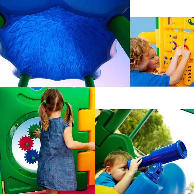Colorful toddler playground with interactive panels, gears, telescope, bongo drums, vine climber, and textured blue canopy roof