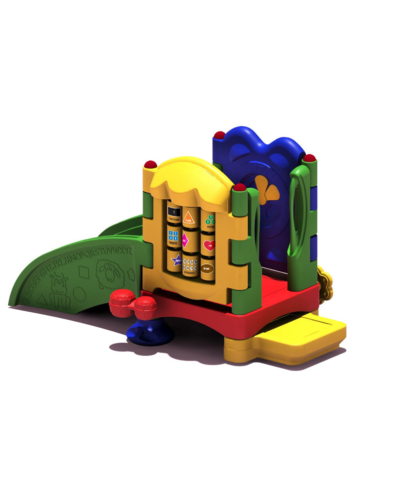 Colorful toddler playset with curved ramp, animal and alphabet shapes, interactive panels, and molded handholds for early development.