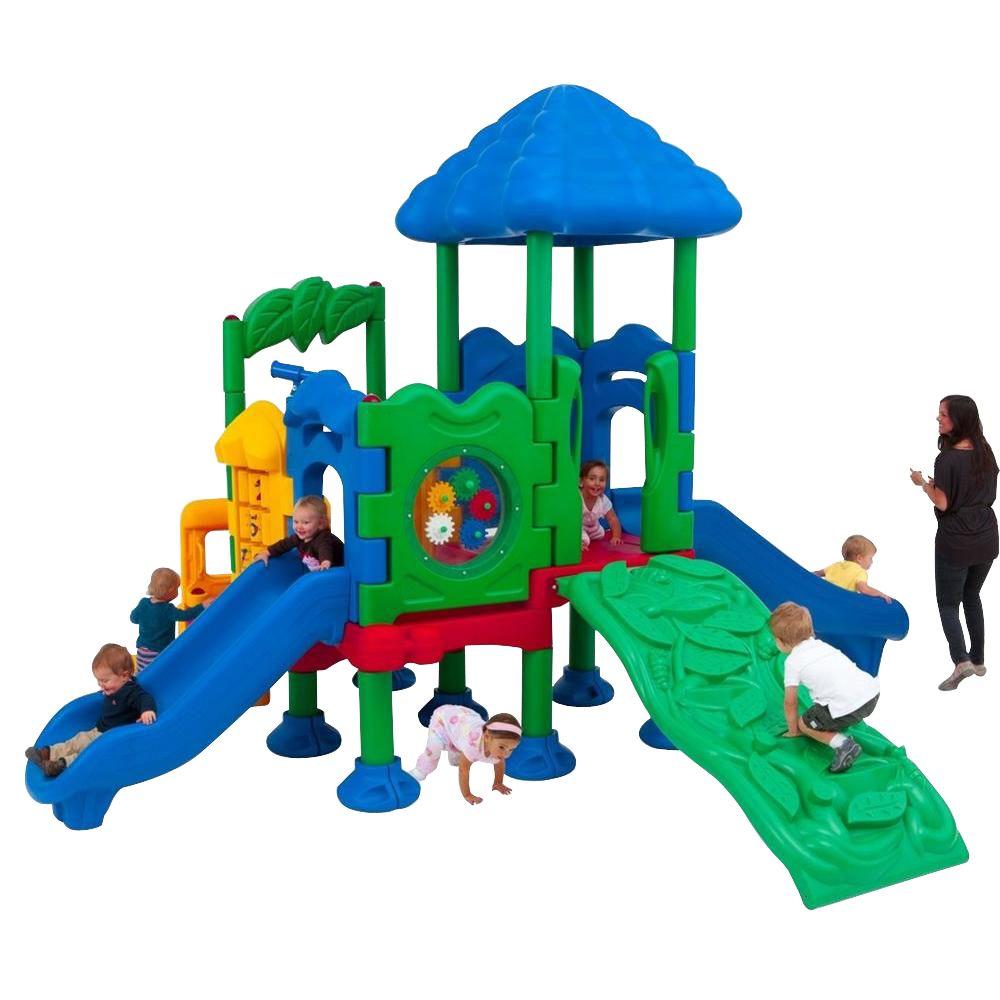 Colorful children's playground with roof, slides, climbing wall, and interactive learning panels, toddlers playing together