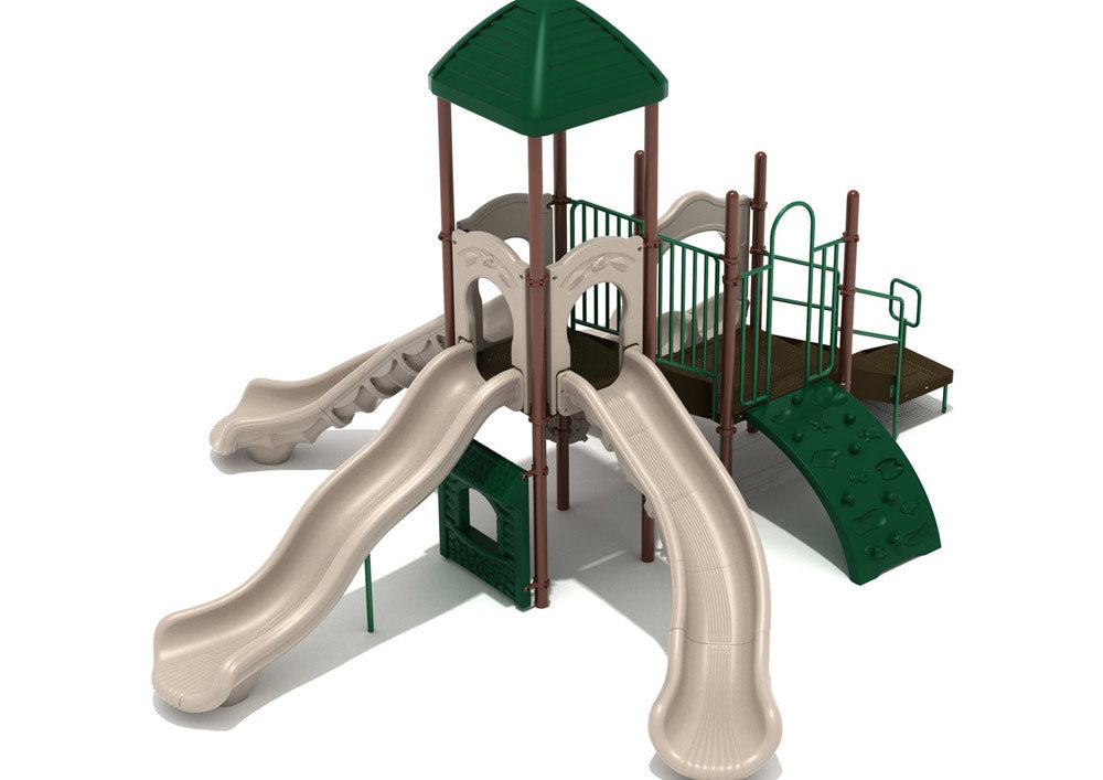 Neutral-toned playground structure with three slides, climbing wall, green roof, and interactive play panels for active outdoor fun