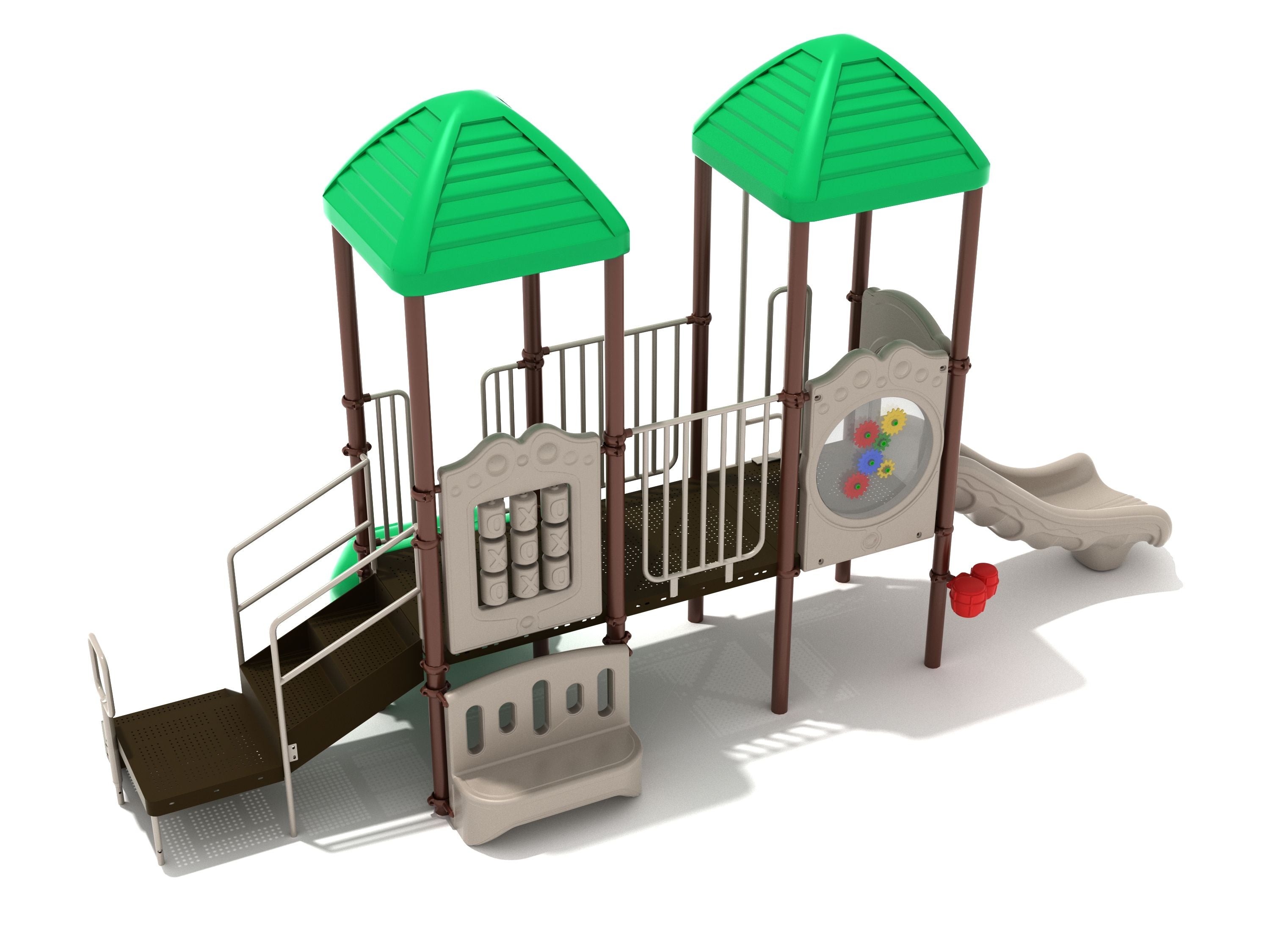 Elevated playground structure with two green roofs, tic-tac-toe and gear activity panels, slide, and climbing ramp