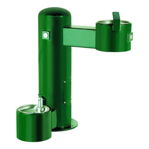 Green steel water fountain with three drinking stations: dog-height, ADA accessible, and standard options