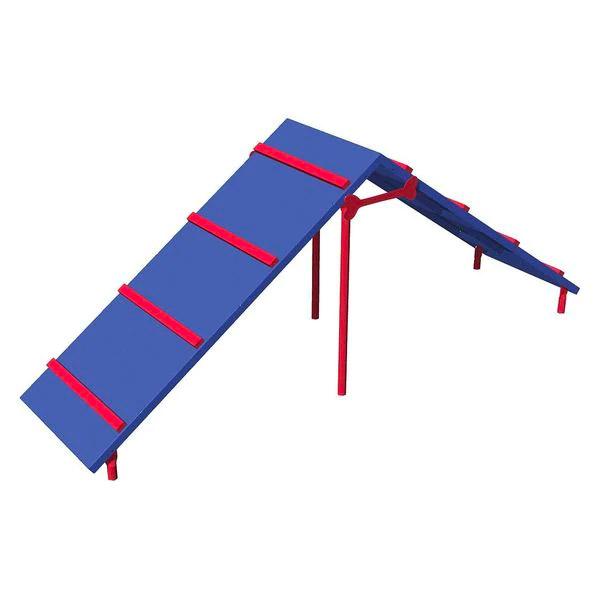 Dog Park King of the Hill dog exercise equipment with blue thermoplastic-coated ramps and red safety traction strips for agility and balance training.
