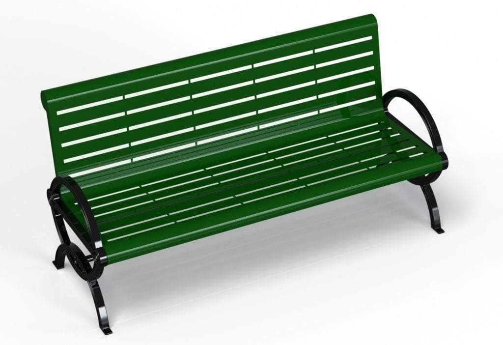 Green outdoor bench with horizontal slats, black cast aluminum frame, and curved armrests, angled view