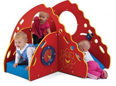 Crawl And Toddle Comfy Tuff Playground with toddlers exploring red panels, blue soft deck, and climbing features