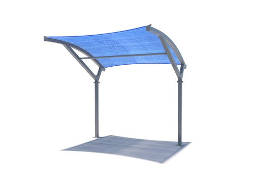 Blue fabric arch shade structure with two metal posts casting shadow on ground, modern outdoor design