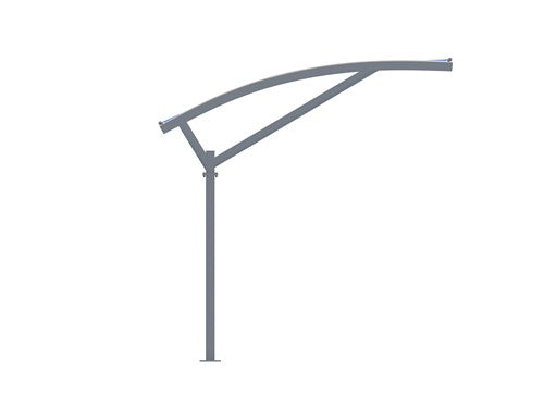 Modern single-post arch shade structure with curved dark gray canopy support over outdoor seating area
