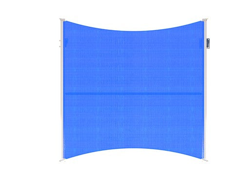 Overhead view of a royal blue rectangular shade sail with curved edges supported by two posts