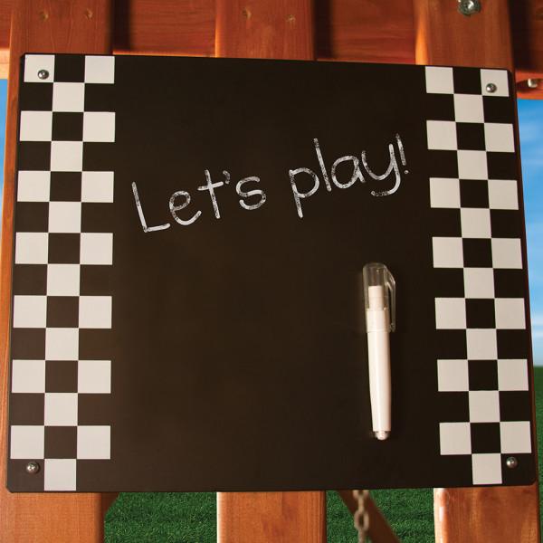 Black tic-tac-toe board with white checkered edges and attached white marker on wooden playset structure