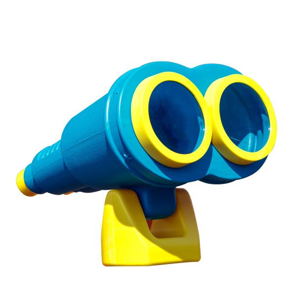 Blue and yellow children's binoculars toy with large lenses and a sturdy base