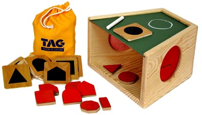 Mystery Box by WillyGoat Playground with wooden shape sorter, matching tiles, chalk, and storage bag for tactile learning and sensory play